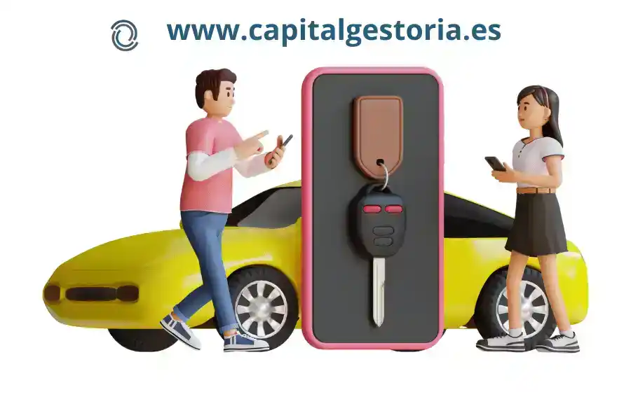 Ilustración de un coche, la llave del coche y dos personas representando la venta del vehículo de uno a otro por lo que necesitarán hacer la transferencia del vehículo