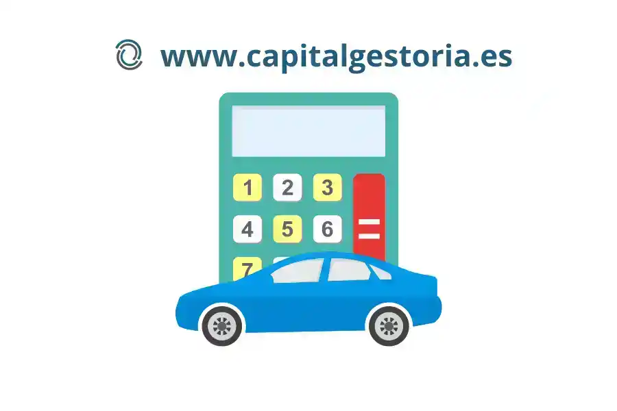 Ilustración de un automóvil y una calculadora, representando el cálculo del precio de transferencia de vehículos en España.