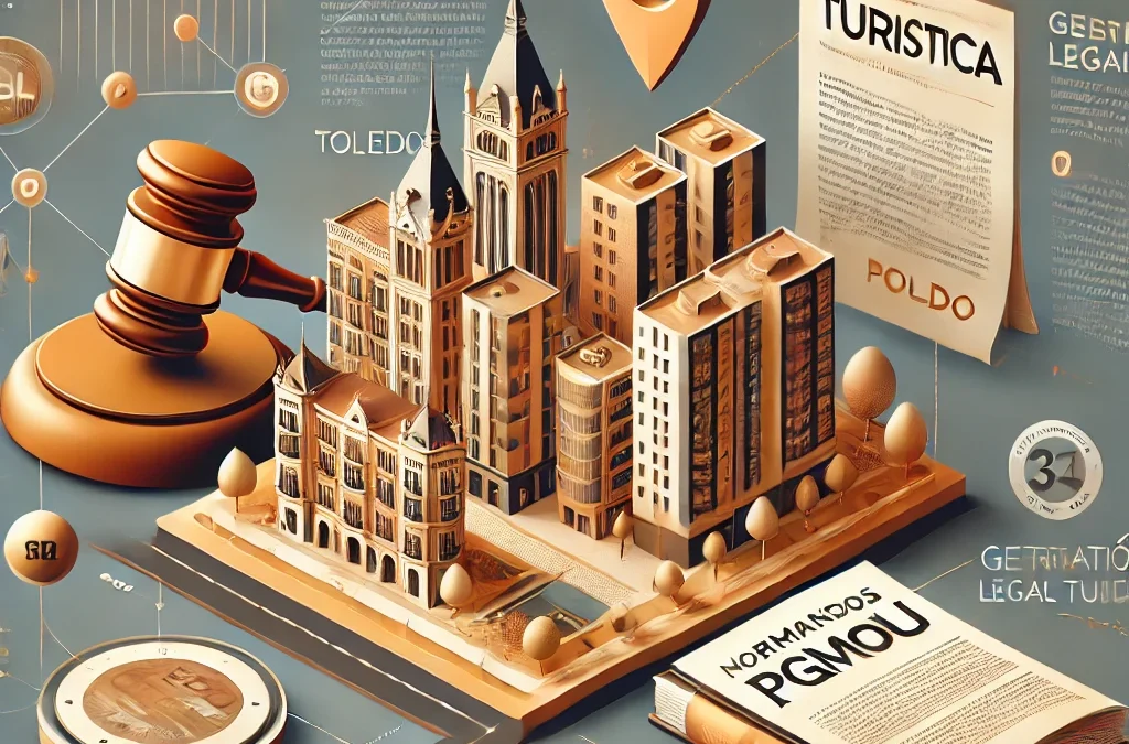 Ilustración que representa la normativa de viviendas turísticas en Toledo, mostrando un paisaje urbano con íconos legales y de alojamiento.