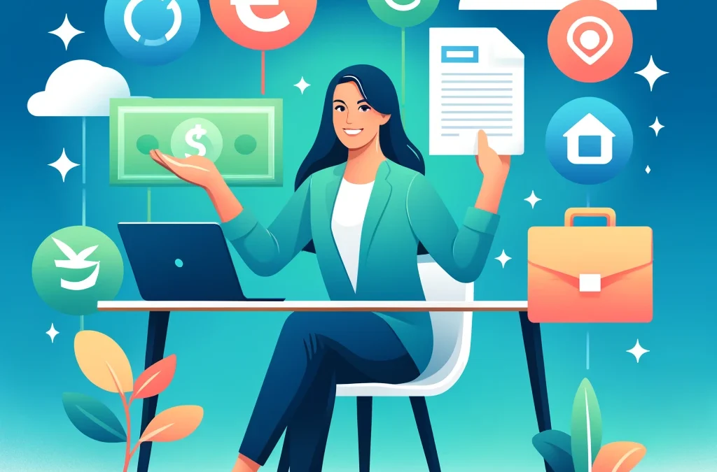 Persona sonriente trabajando en un escritorio con laptop, rodeada de iconos de dinero, empleo y beneficios.