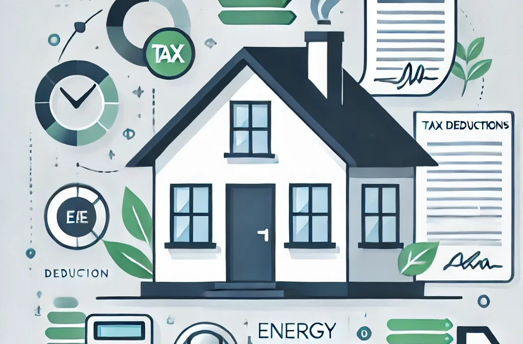 Ilustración abstracta sobre deducciones fiscales por vivienda en la declaración de la renta, con símbolos de casa, hipoteca y eficiencia energética.