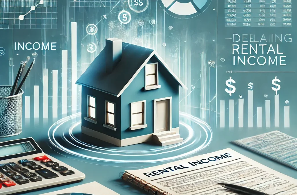 Ilustración de una casa con documentos que simbolizan la declaración de ingresos por alquiler, junto a gráficos y símbolos fiscales