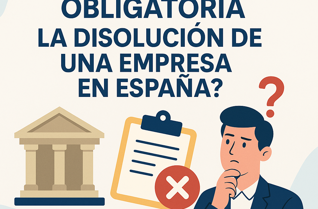 Gráfico informativo con íconos legales y empresariales sobre la disolución obligatoria de empresas en España, incluyendo balanza, mazo judicial, edificio empresarial y calendario.