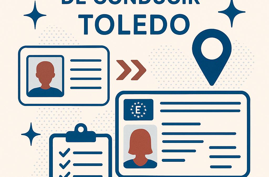 Ilustración con iconos del proceso de canje del permiso de conducir en Toledo, incluyendo DNI, licencia europea, checklist y marcador de ubicación.