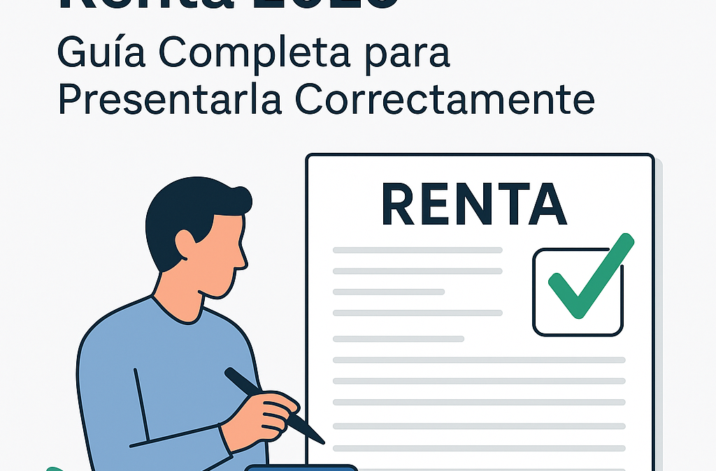 Ilustración de un hombre llenando una declaración de la renta con una calculadora y un formulario titulado "RENTA", acompañado de un gran símbolo de verificación.