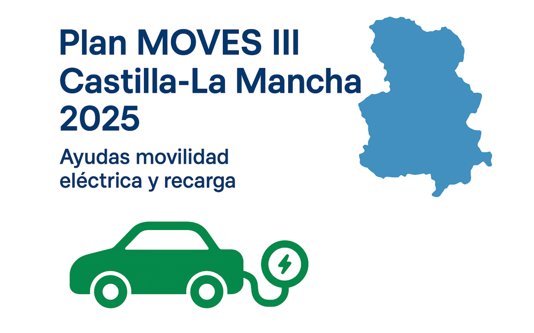 "Mapa de Castilla-La Mancha con un coche eléctrico conectado a un punto de recarga y texto informativo del Plan MOVES III 2025."