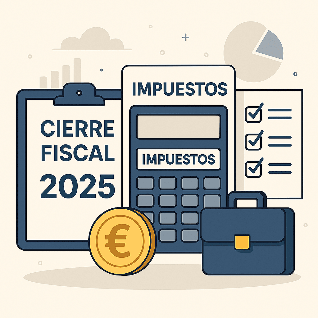 Ilustración sobre el cierre fiscal 2025 con calculadora de impuestos, checklist y euro, creada por Capital Gestoría.