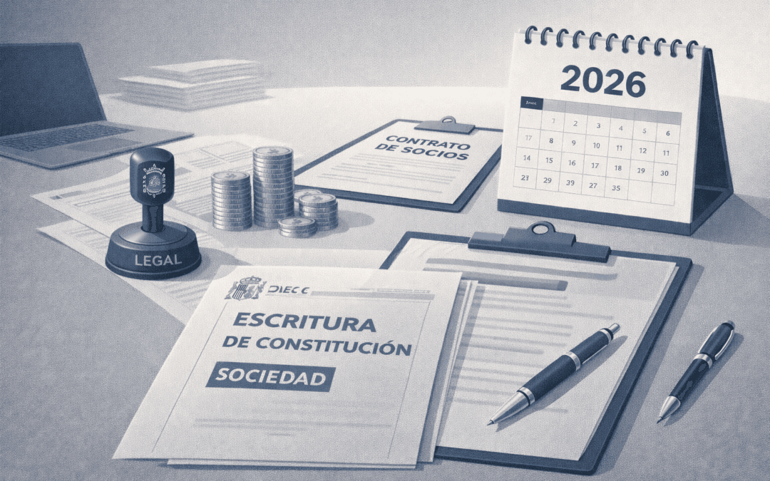 Ilustración sobre la creación de una sociedad en 2026 con escritura de constitución, contrato de socios y calendario.