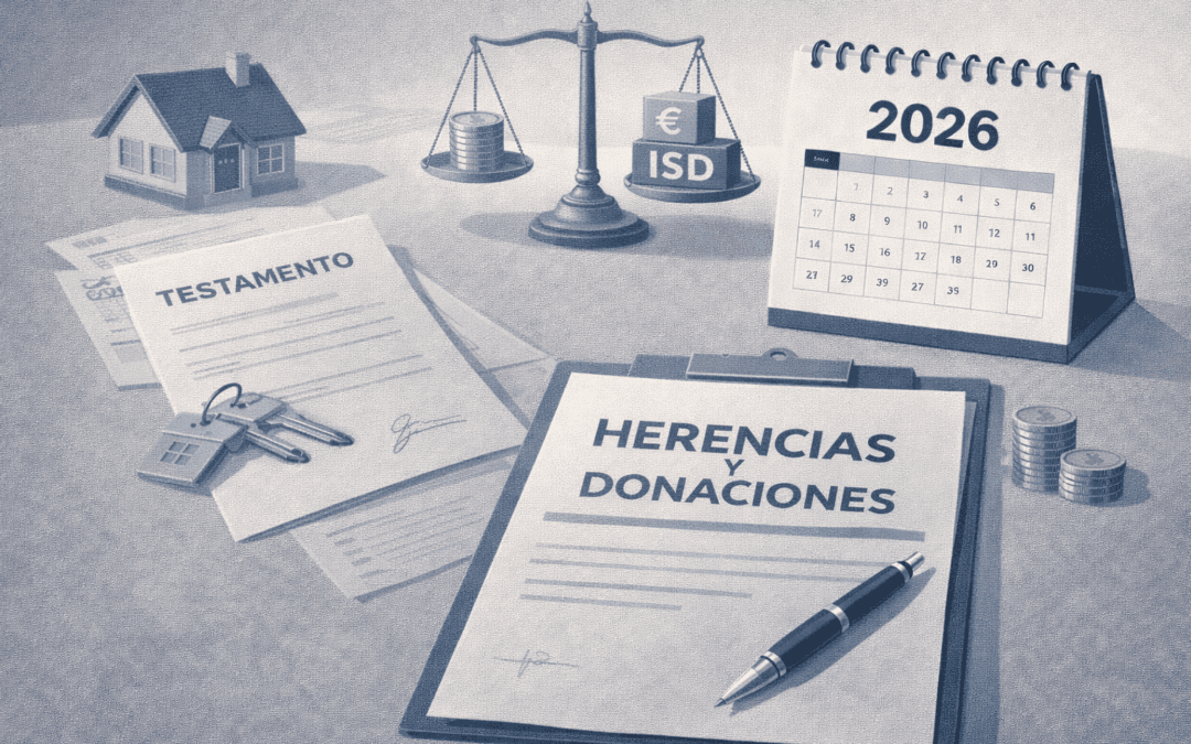 Ilustración sobre herencias y donaciones en 2026 con testamento, vivienda, impuestos y calendario fiscal.