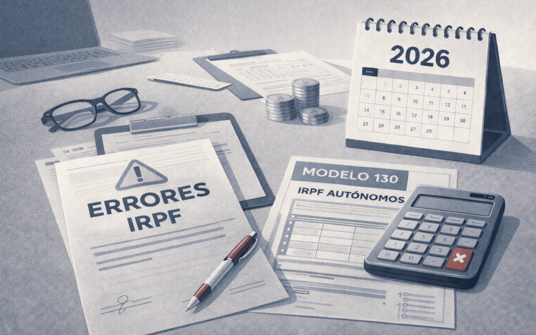Ilustración sobre errores frecuentes en el IRPF de los autónomos en 2026 con modelo 130, calculadora y calendario.