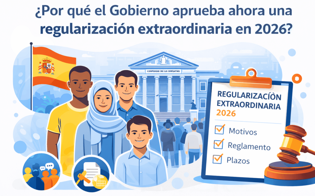 Gráfico informativo sobre los motivos y el marco legal de la regularización extraordinaria de personas extranjeras en España en 2026.