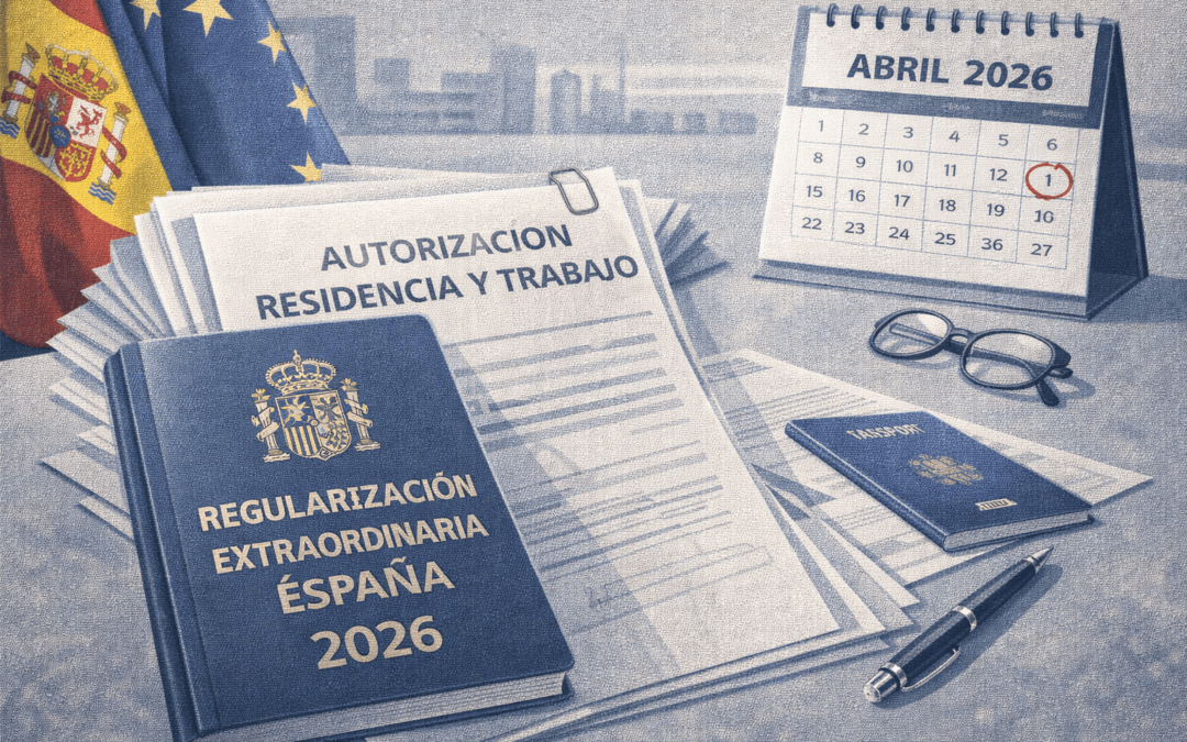 Ilustración sobre la regularización extraordinaria de personas extranjeras en España en 2026 con autorización de residencia y trabajo y calendario.
