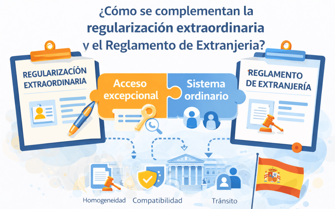 Infografía sobre la relación entre la regularización extraordinaria y el Reglamento de Extranjería en España, mostrando su encaje jurídico en 2026.