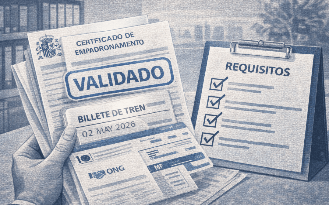 Ilustración con documentos válidos para la regularización extraordinaria de extranjeros en España en 2026, como empadronamiento y justificantes de permanencia.