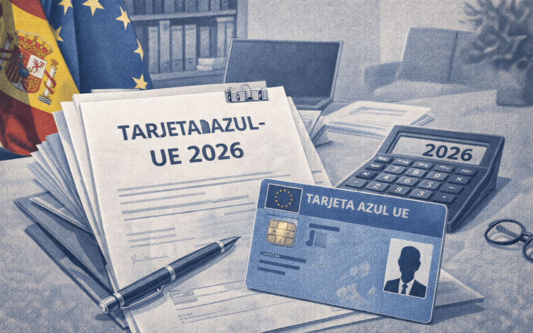 Ilustración sobre el nuevo umbral salarial de la Tarjeta Azul-UE en 2026 para la contratación de profesionales altamente cualificados en España.