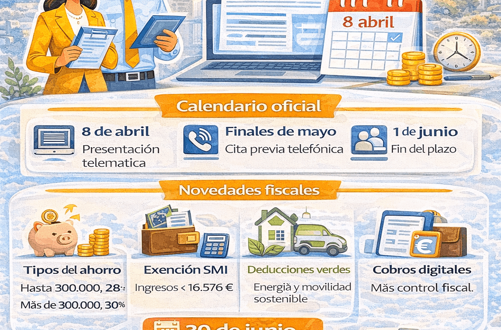 Infografía sobre la Declaración de la Renta 2026 con calendario oficial y novedades fiscales para contribuyentes en Toledo y Madrid.