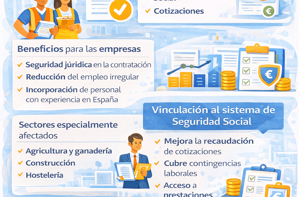 Infografía sobre el impacto laboral de la regularización extraordinaria de extranjeros en España para trabajadores y empresas.