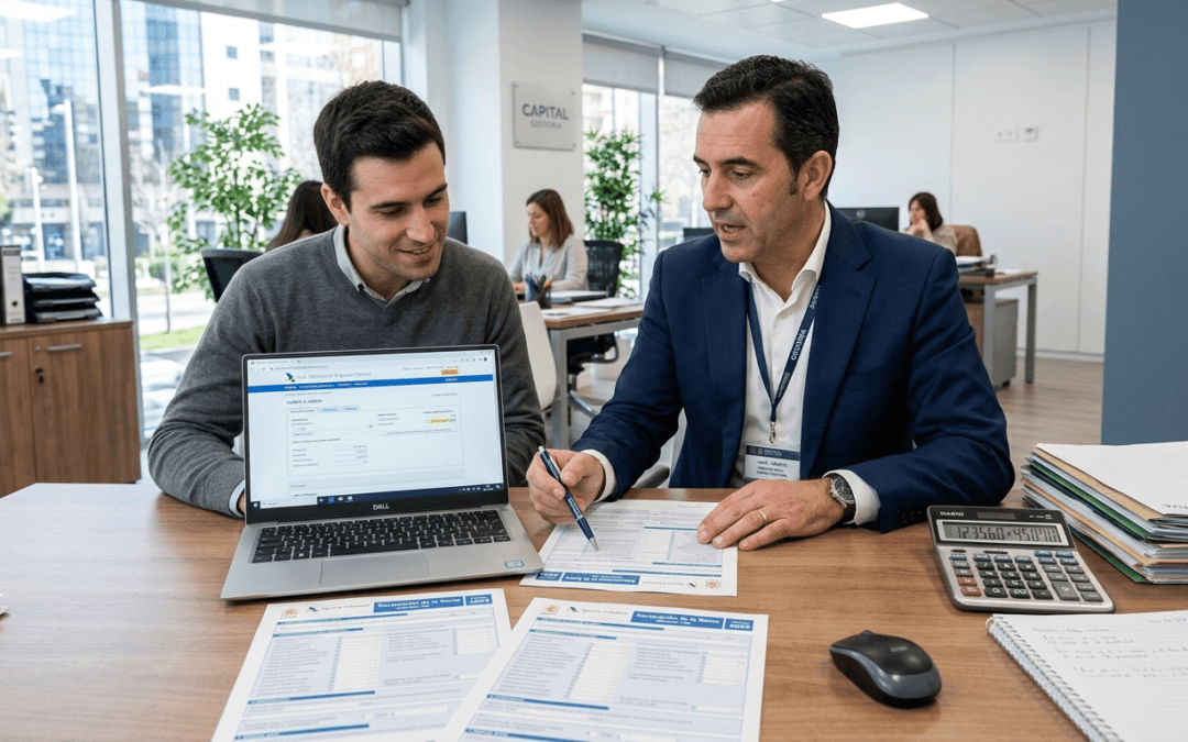 Asesor fiscal revisando declaración de la renta con cliente en Toledo Madrid online